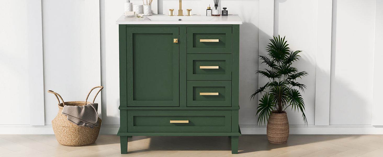 30" Bathroom Vanity In Green, Modern Bathroom Cabinet With Sink Combo Set, Bathroom Storage Cabinet With A Soft Closing Door And 3 Drawers, Solid Wood Frame Green Bathroom Solid Wood Mdf