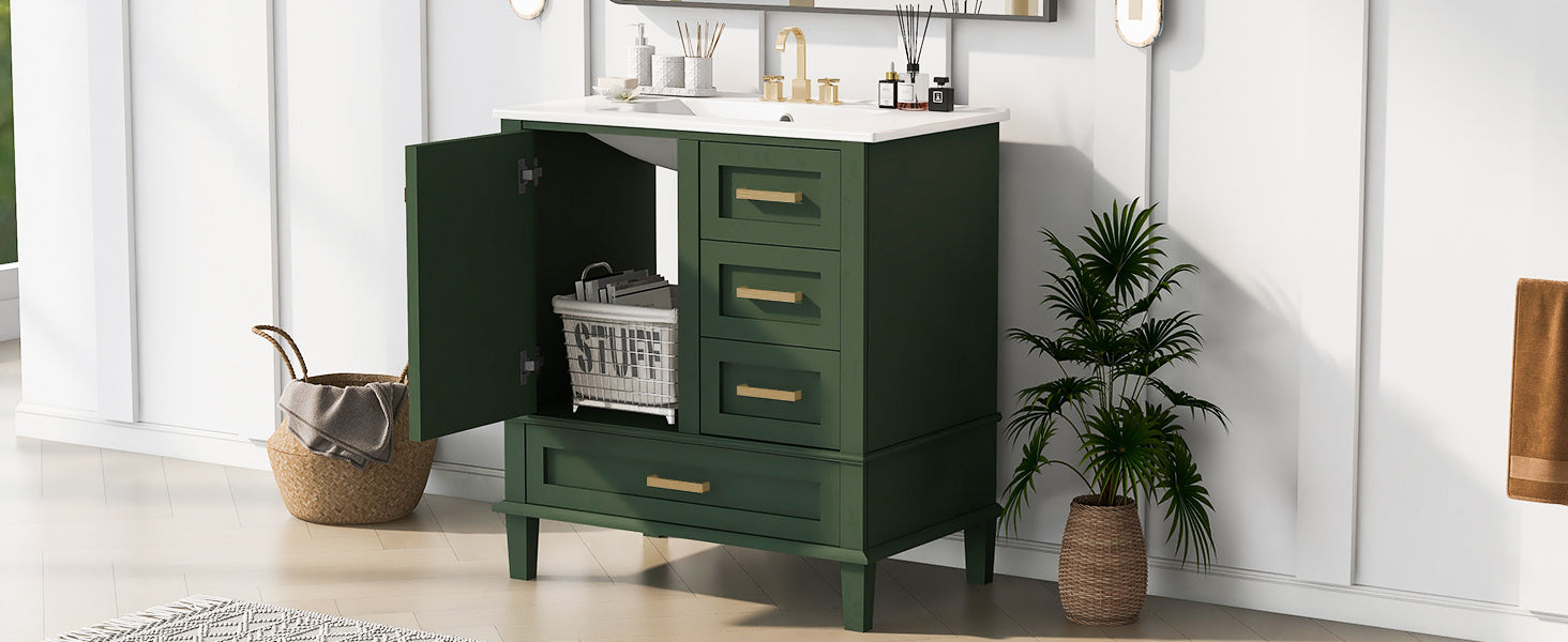 30" Bathroom Vanity In Green, Modern Bathroom Cabinet With Sink Combo Set, Bathroom Storage Cabinet With A Soft Closing Door And 3 Drawers, Solid Wood Frame Green Bathroom Solid Wood Mdf