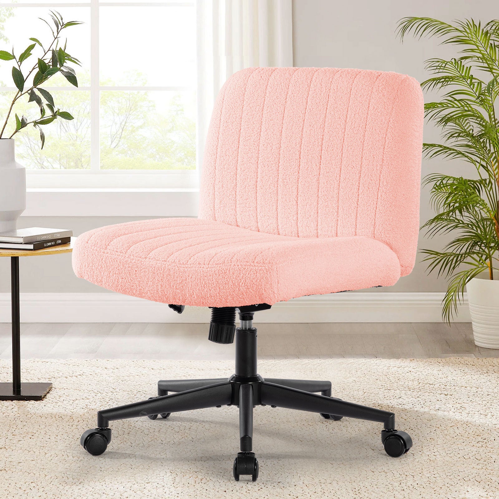 Office Chair With Wheels, Armless Office Chair, Teddy Velvet Wide Seat Home Office Chair, Cute Computer Chair With 15 Swing Backrest, Suitable For Bedrooms And Dressing Tables Wood Pink Teddy Handle Teddy