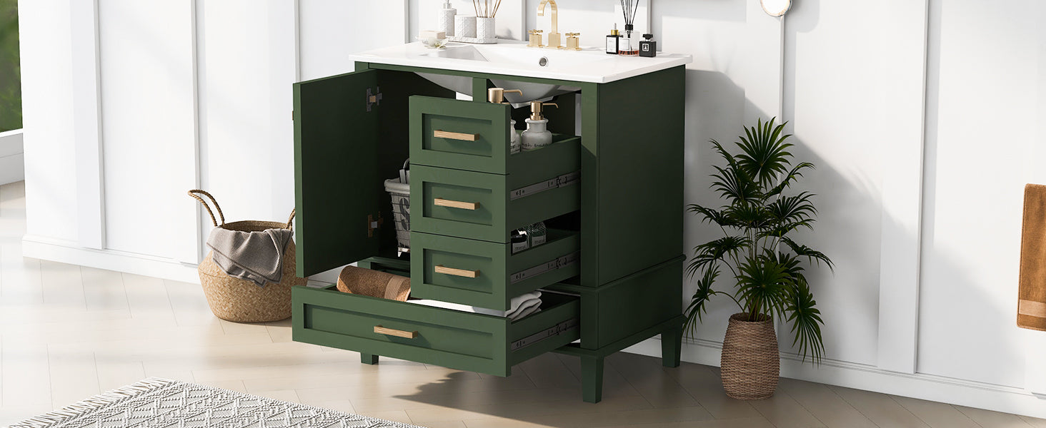 30" Bathroom Vanity In Green, Modern Bathroom Cabinet With Sink Combo Set, Bathroom Storage Cabinet With A Soft Closing Door And 3 Drawers, Solid Wood Frame Green Bathroom Solid Wood Mdf