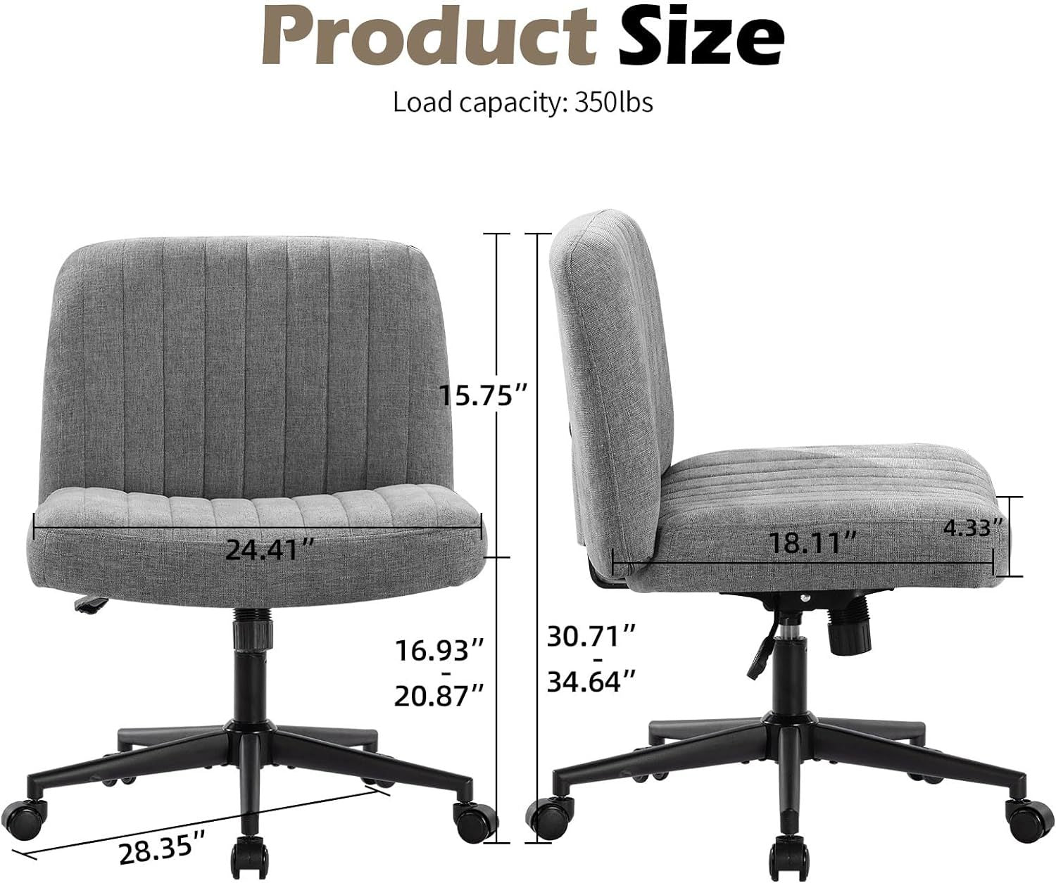Office Chair With Wheels, Armless Office Chair, Linen Wide Seat Home Office Chair, Cute Computer Chair With 15 Swing Backrest, Suitable For Bedrooms And Dressing Tables Wood Grey Handle Linen