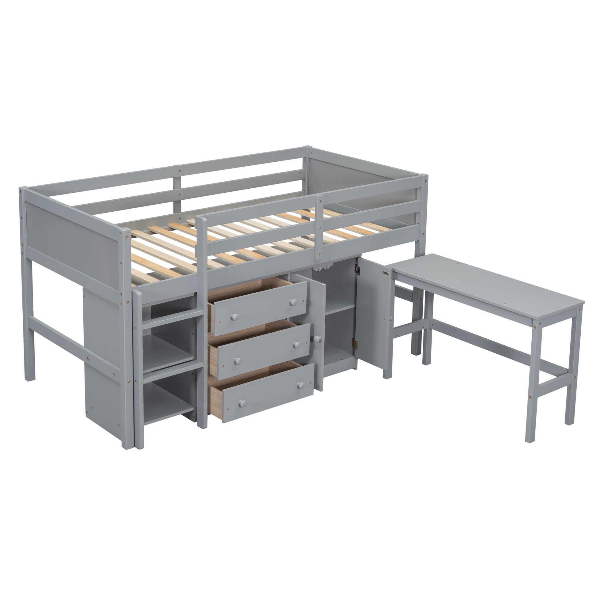 Twin Size Low Loft Bed With Pull Out Desk, Drawers, Cabinet, And Shelves For Grey Color Box Spring Not Required Twin Grey Bedroom Pine