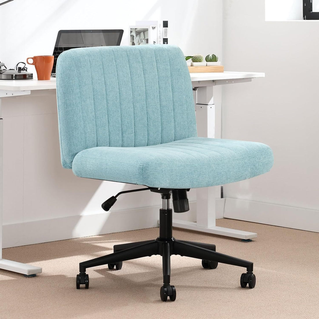 Office Chair With Wheels, Armless Office Chair, Linen Wide Seat Home Office Chair, Cute Computer Chair With 15 Swing Backrest, Suitable For Bedrooms And Dressing Tables Wood Blue Green Handle Linen