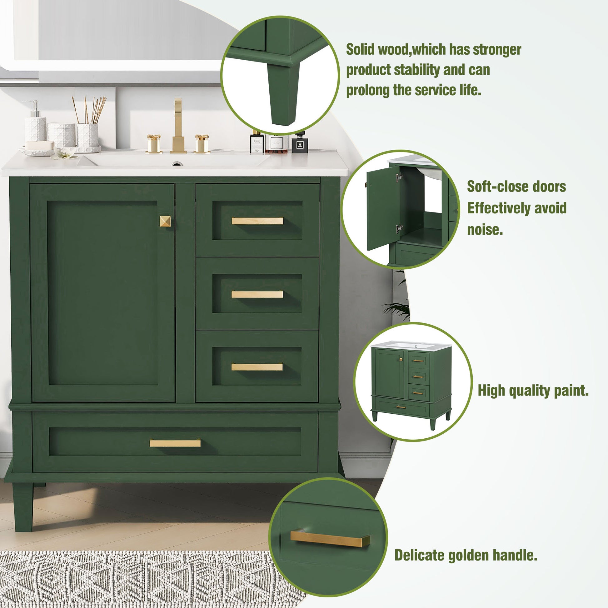 30" Bathroom Vanity In Green, Modern Bathroom Cabinet With Sink Combo Set, Bathroom Storage Cabinet With A Soft Closing Door And 3 Drawers, Solid Wood Frame Green Bathroom Solid Wood Mdf