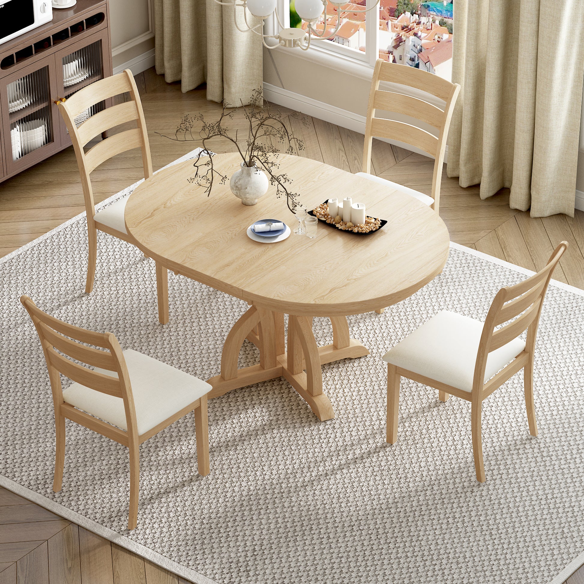 5 Piece Farmhouse Round Pedestal Extending Dining Table Set Extendable Kitchen Table Set With 15.8" Removable Leaf And Ladder Back Dining Chairs For Small Places, Natural Wood Dining Room Extendable Rubberwood Oval Dining Table With Chair Upholstered