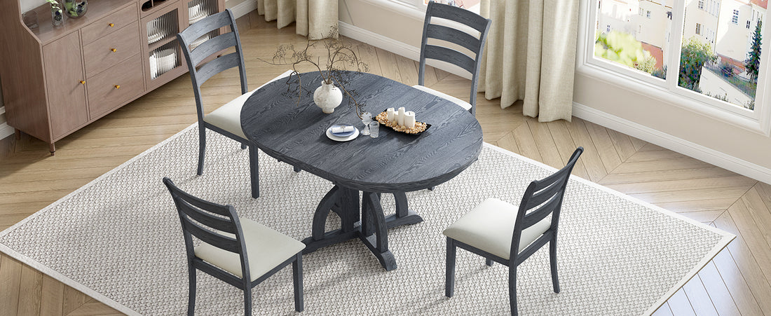 5 Piece Farmhouse Round Pedestal Extending Dining Table Set Extendable Kitchen Table Set With 15.8" Removable Leaf And Ladder Back Dining Chairs For Small Places, Black Wood Dining Room Extendable Rubberwood Oval Dining Table With Chair Upholstered Chair