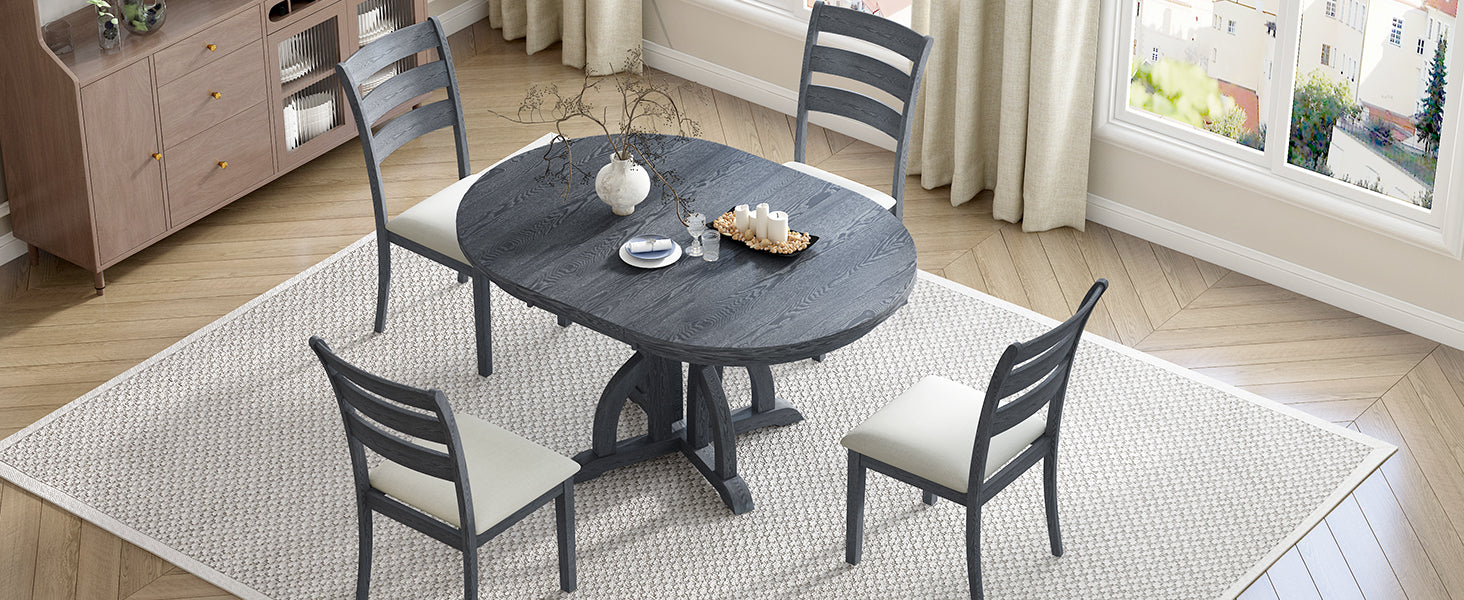 5 Piece Farmhouse Round Pedestal Extending Dining Table Set Extendable Kitchen Table Set With 15.8" Removable Leaf And Ladder Back Dining Chairs For Small Places, Black Wood Dining Room Extendable Rubberwood Oval Dining Table With Chair Upholstered Chair