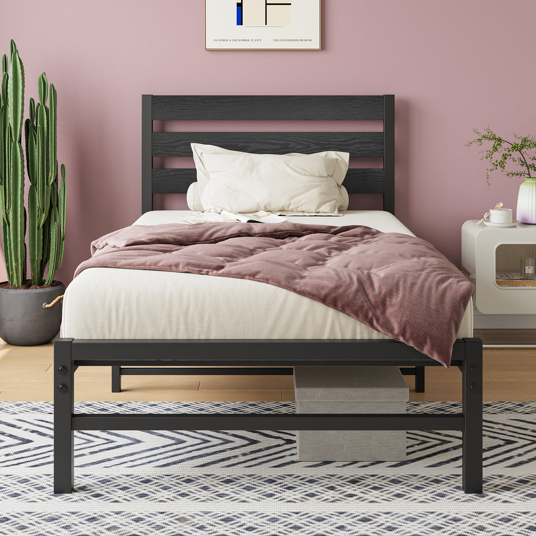 Twin Size Platform Bed Frame With Rustic Vintage Wood Headboard, No Box Spring Needed Black Box Spring Not Required Twin Black Metal Brown Bedroom Bed Frame Metal & Wood