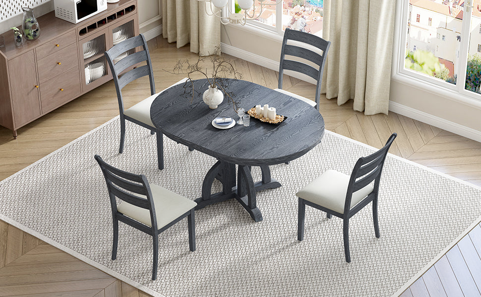 5 Piece Farmhouse Round Pedestal Extending Dining Table Set Extendable Kitchen Table Set With 15.8" Removable Leaf And Ladder Back Dining Chairs For Small Places, Black Wood Dining Room Extendable Rubberwood Oval Dining Table With Chair Upholstered Chair