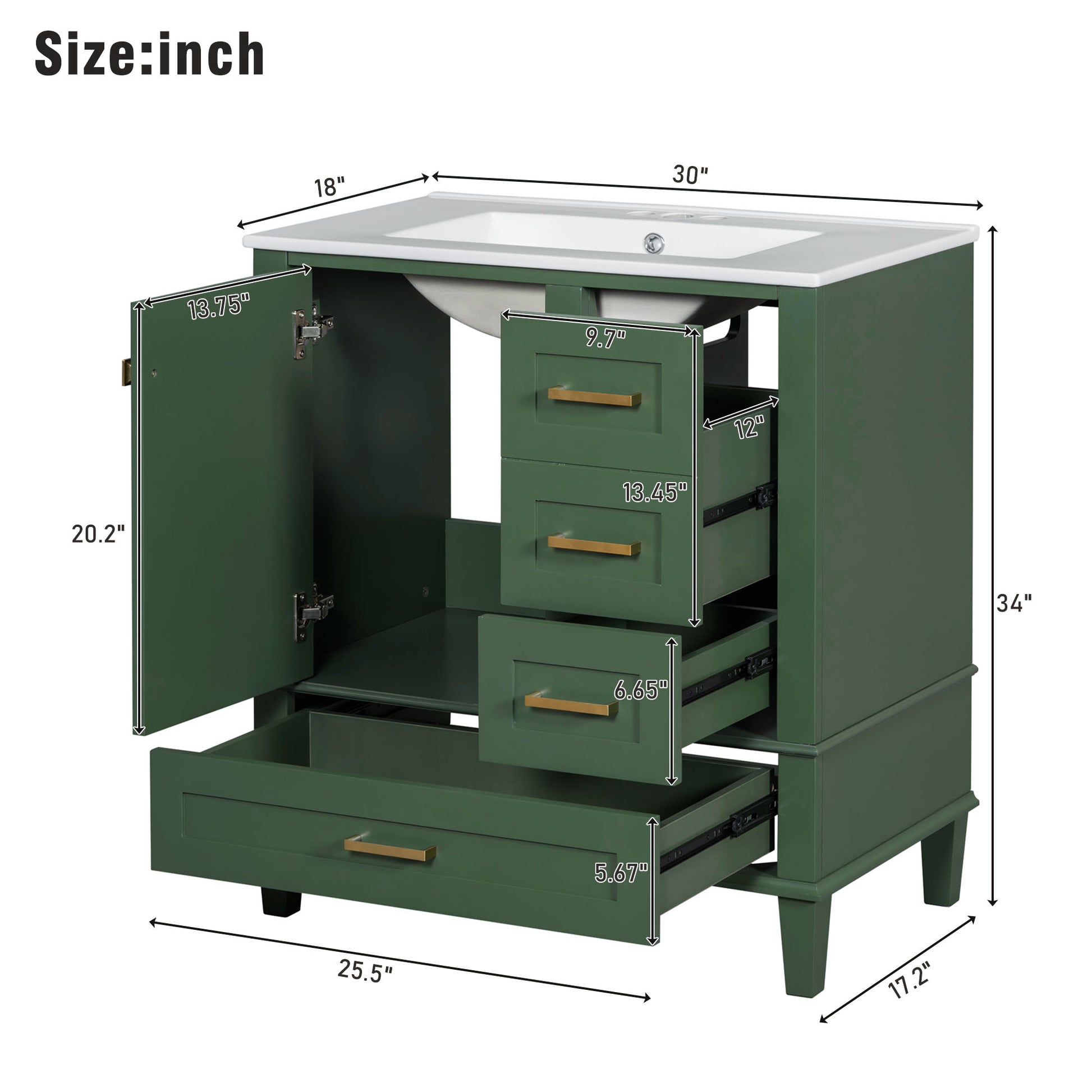 30" Bathroom Vanity In Green, Modern Bathroom Cabinet With Sink Combo Set, Bathroom Storage Cabinet With A Soft Closing Door And 3 Drawers, Solid Wood Frame Green Bathroom Solid Wood Mdf