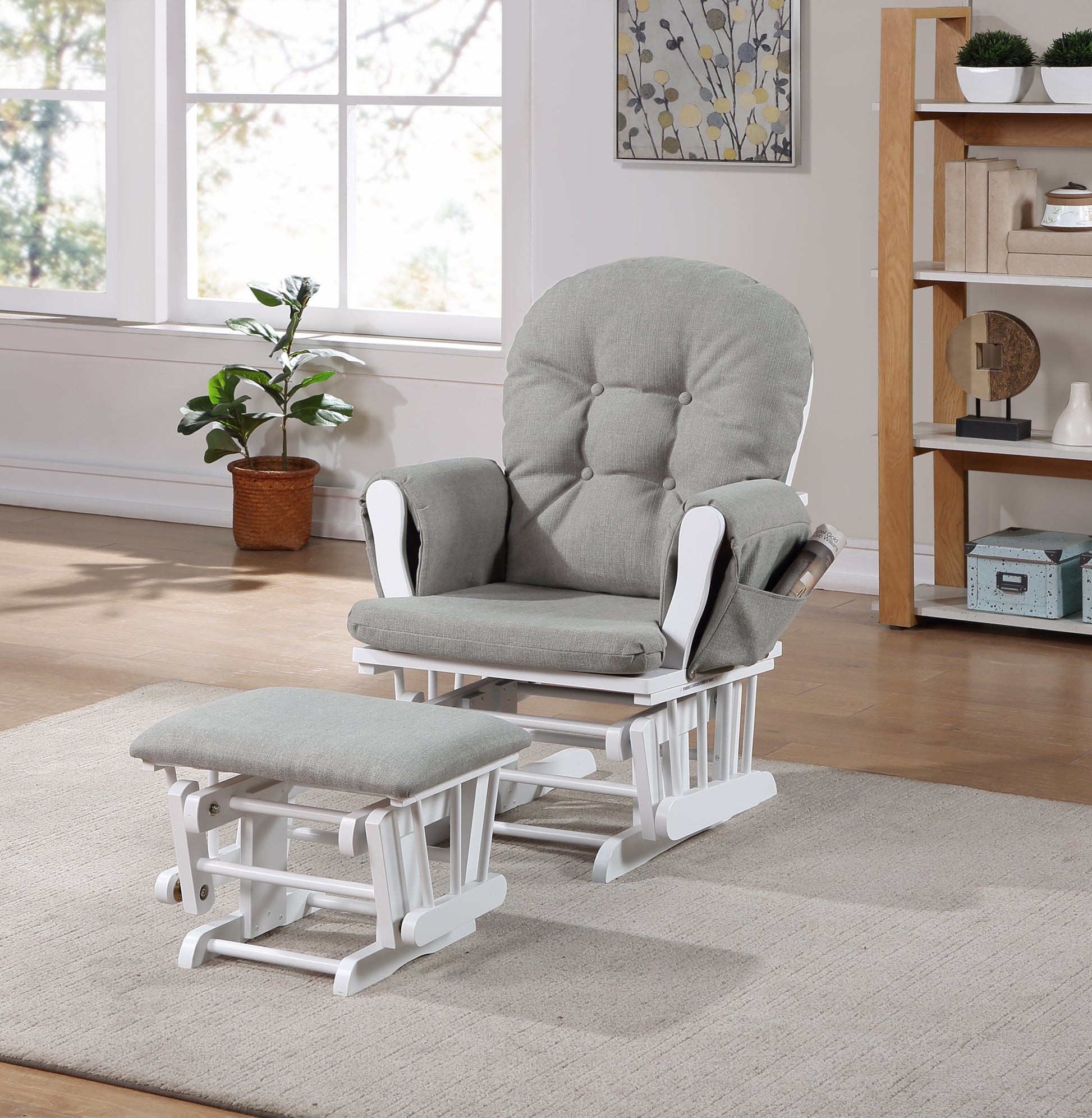 Mason Glider And Ottoman White Wood And Oyster Fabric Gray Polyester Wood Fabric