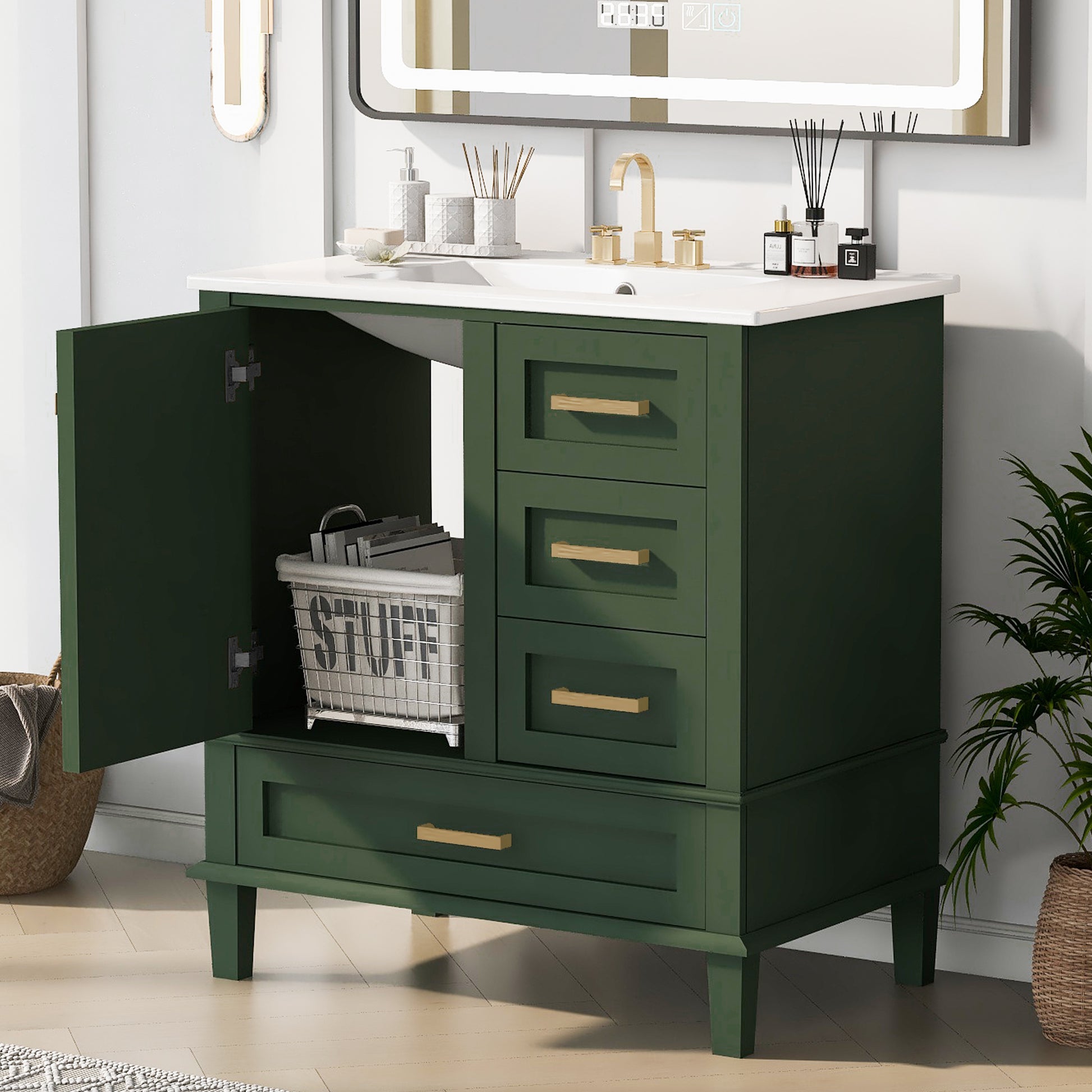 30" Bathroom Vanity In Green, Modern Bathroom Cabinet With Sink Combo Set, Bathroom Storage Cabinet With A Soft Closing Door And 3 Drawers, Solid Wood Frame Green Bathroom Solid Wood Mdf