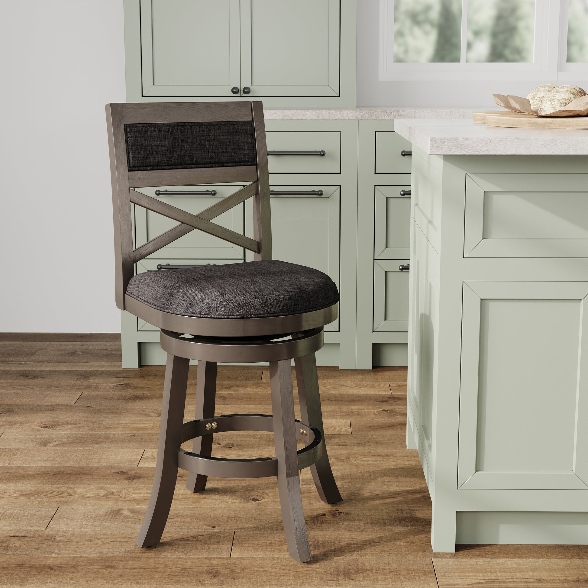 24" Counter Height X Back Swivel Stool, Weathered Gray Finish, Charcoal Fabric Seat Gray Fabric
