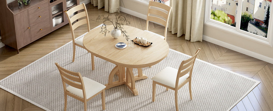 5 Piece Farmhouse Round Pedestal Extending Dining Table Set Extendable Kitchen Table Set With 15.8" Removable Leaf And Ladder Back Dining Chairs For Small Places, Natural Wood Dining Room Extendable Rubberwood Oval Dining Table With Chair Upholstered