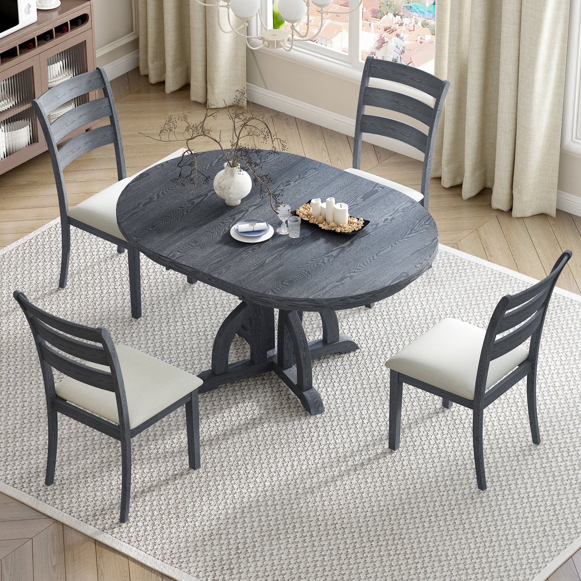 5 Piece Farmhouse Round Pedestal Extending Dining Table Set Extendable Kitchen Table Set With 15.8" Removable Leaf And Ladder Back Dining Chairs For Small Places, Black Wood Dining Room Extendable Rubberwood Oval Dining Table With Chair Upholstered Chair