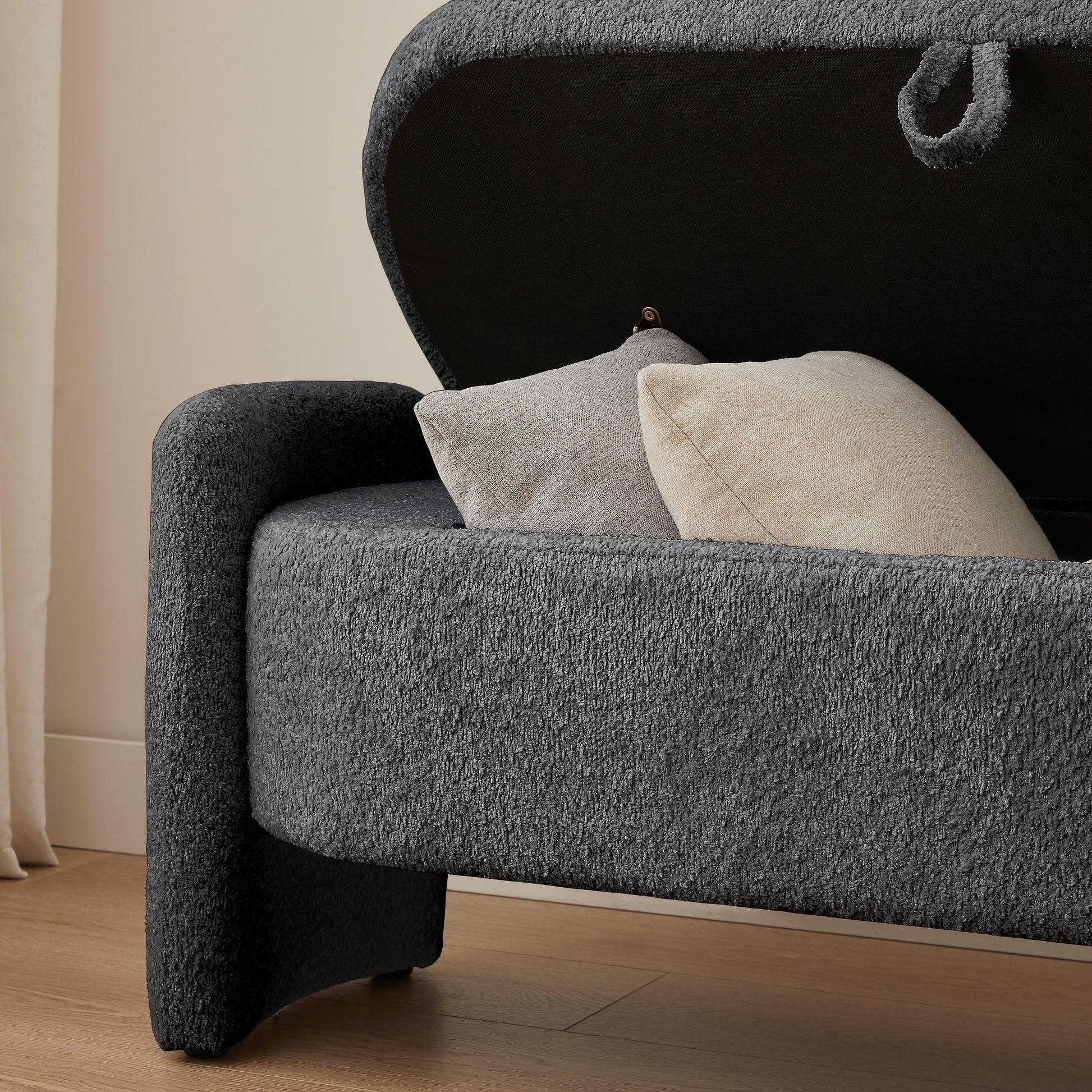 Ottoman Oval Storage Bench 3D Lamb Fleece Fabric Bench With Large Storage Space For The Living Room, Entryway And Bedroom,Dark,Grey Dark Gray Polyester