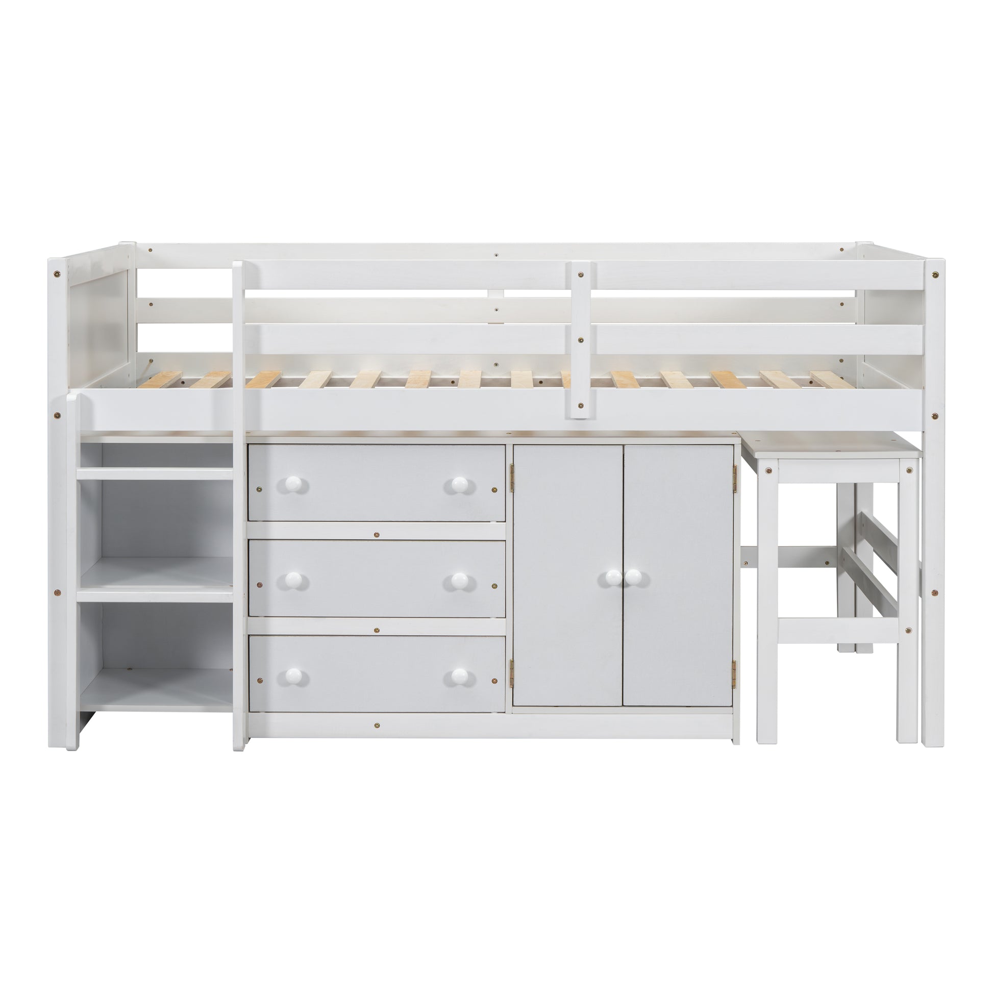 Twin Size Low Loft Bed With Pull Out Desk, Drawers, Cabinet, And Shelves For White Color Box Spring Not Required Twin White Bedroom Pine