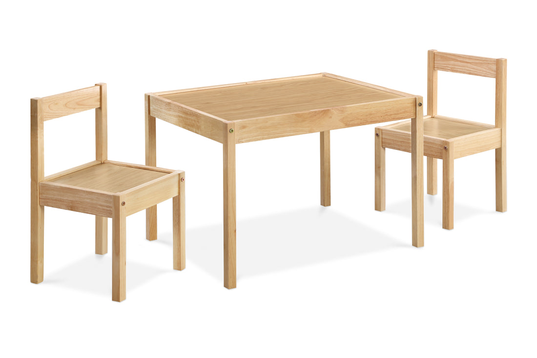 Della 3 Piece Solid Wood Kids Table & Two Chair Set, Natural Natural Rubberwood Wood