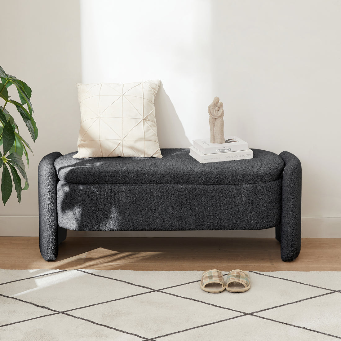 Ottoman Oval Storage Bench 3D Lamb Fleece Fabric Bench With Large Storage Space For The Living Room, Entryway And Bedroom,Dark,Grey Dark Gray Polyester