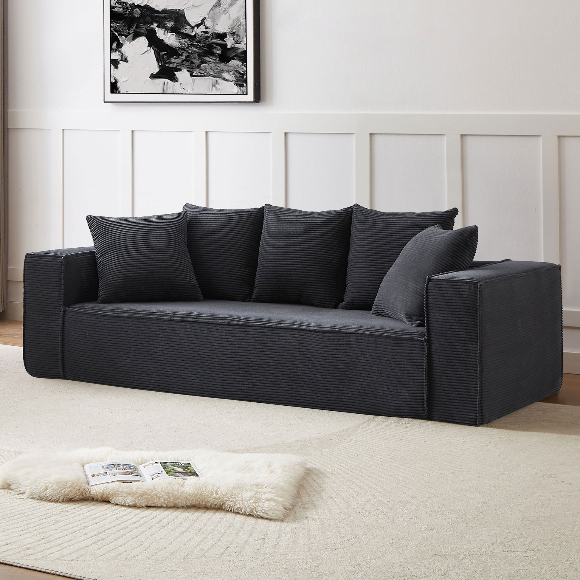 88.97 Inch Soft Corduroy Upholstery Streamlined Design Sofa With 5 Pillows, Large And Cozy 3 Seater Couch For Modern Spaces For Living Room,Office Black Black Corduroy 3 Seat