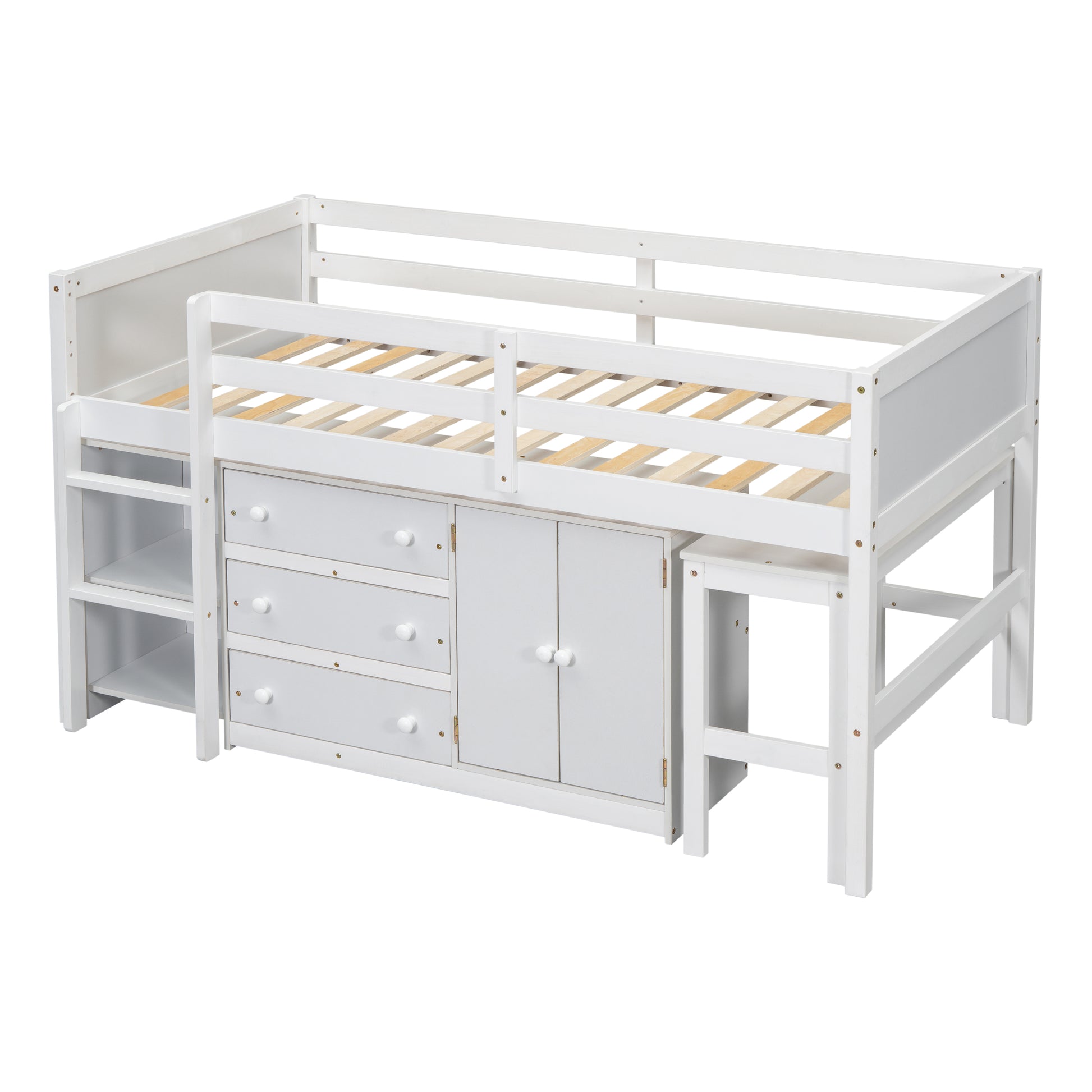 Twin Size Low Loft Bed With Pull Out Desk, Drawers, Cabinet, And Shelves For White Color Box Spring Not Required Twin White Bedroom Pine