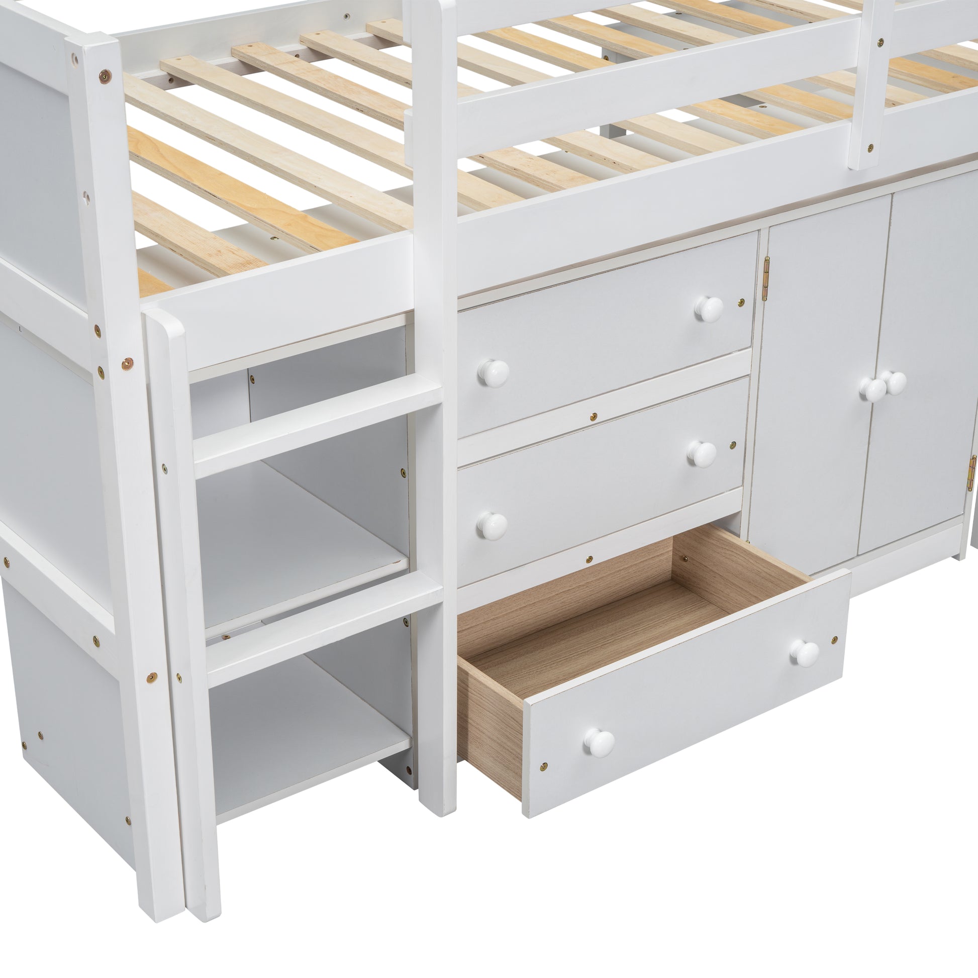 Twin Size Low Loft Bed With Pull Out Desk, Drawers, Cabinet, And Shelves For White Color Box Spring Not Required Twin White Bedroom Pine