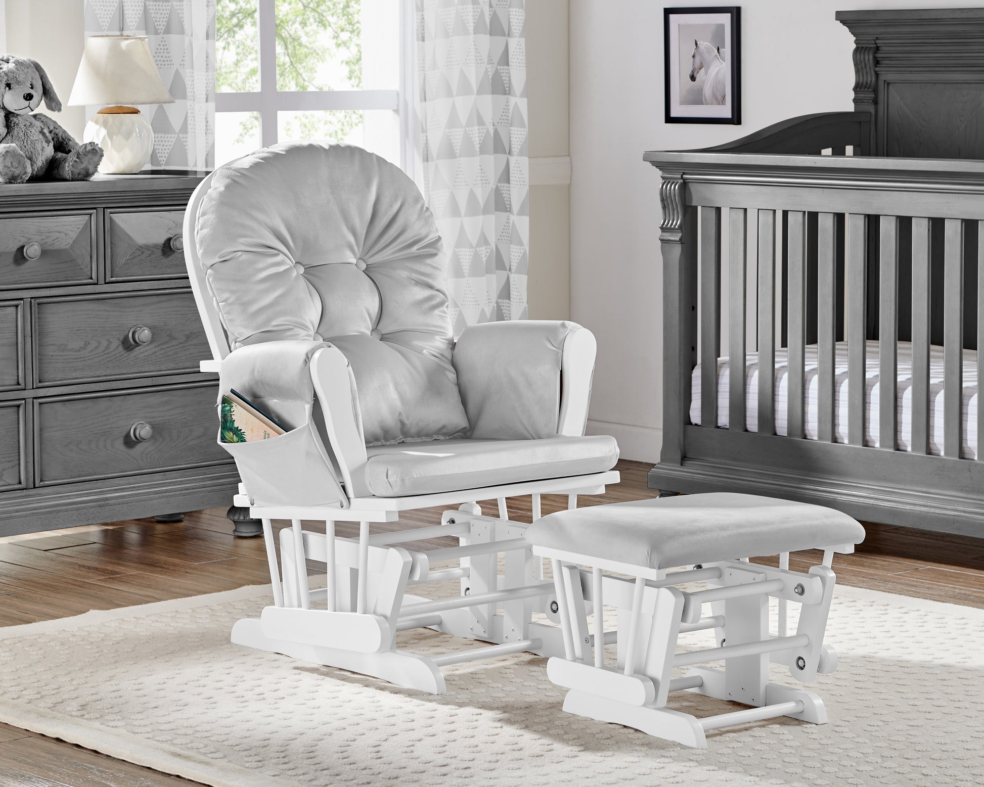 Mason Glider And Ottoman White Wood And Gray Fabric Gray Polyester Wood Fabric