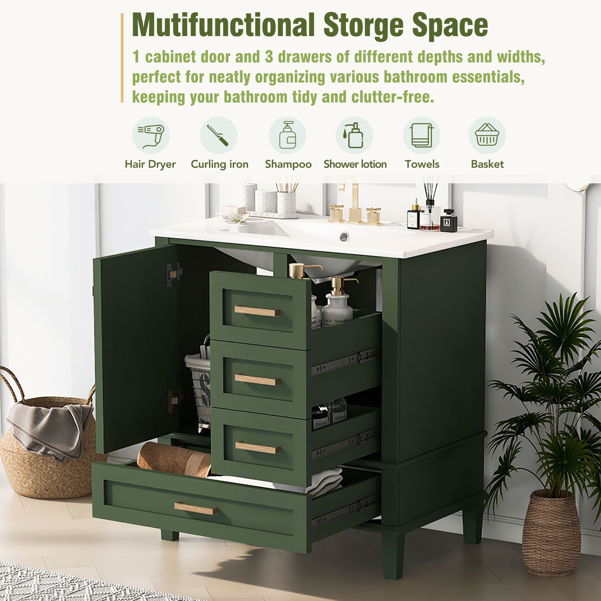 30" Bathroom Vanity In Green, Modern Bathroom Cabinet With Sink Combo Set, Bathroom Storage Cabinet With A Soft Closing Door And 3 Drawers, Solid Wood Frame Green Bathroom Solid Wood Mdf