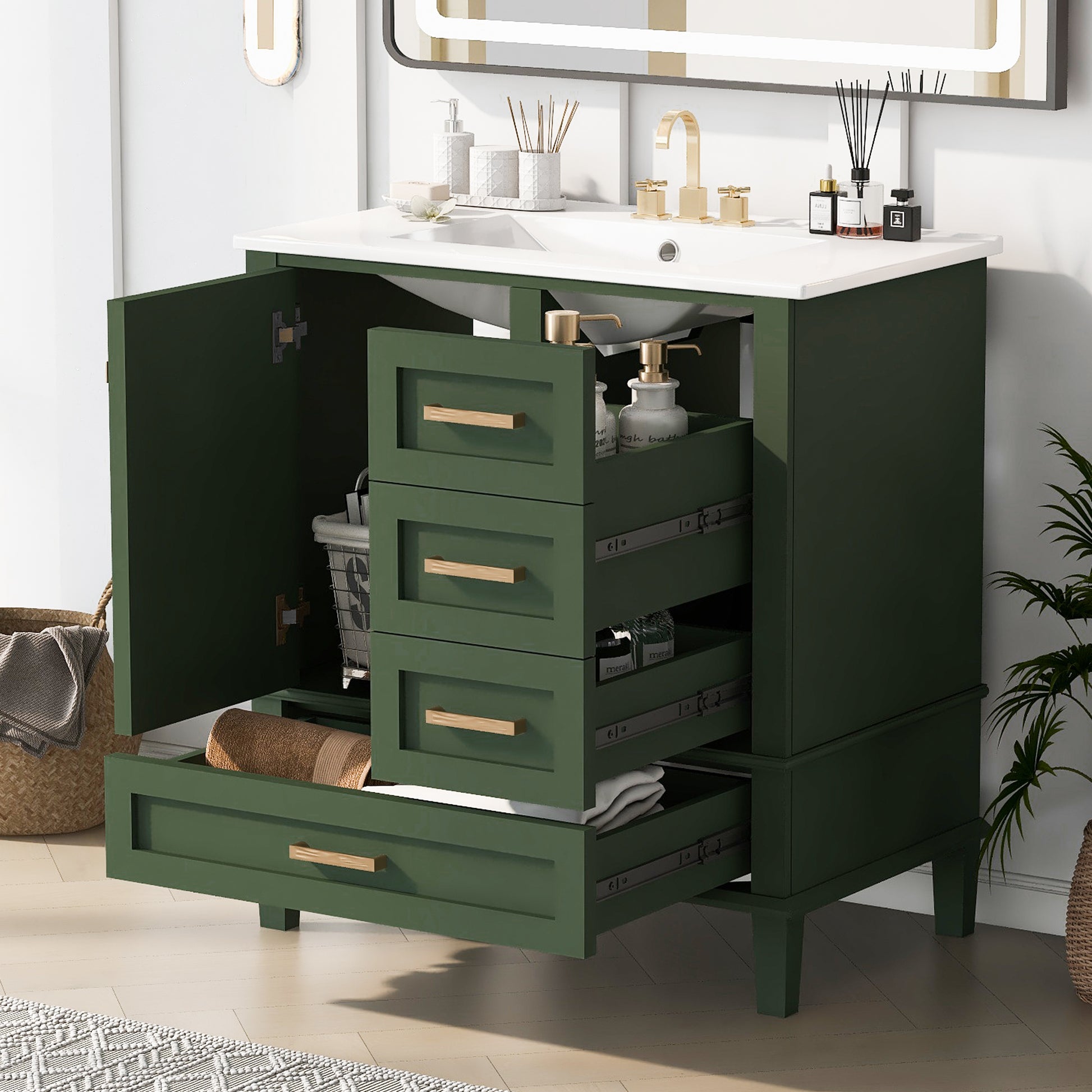 30" Bathroom Vanity In Green, Modern Bathroom Cabinet With Sink Combo Set, Bathroom Storage Cabinet With A Soft Closing Door And 3 Drawers, Solid Wood Frame Green Bathroom Solid Wood Mdf