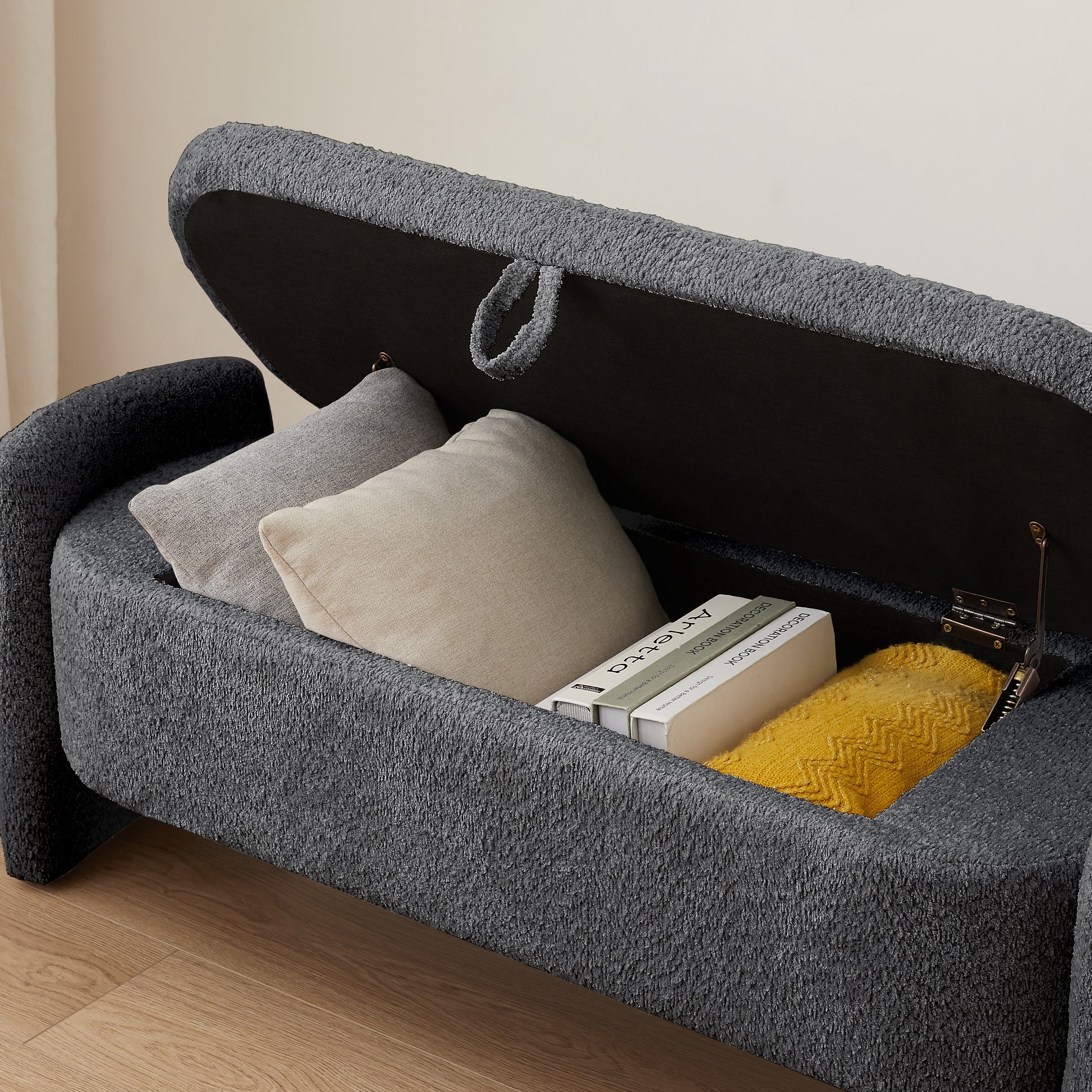 Ottoman Oval Storage Bench 3D Lamb Fleece Fabric Bench With Large Storage Space For The Living Room, Entryway And Bedroom,Dark,Grey Dark Gray Polyester