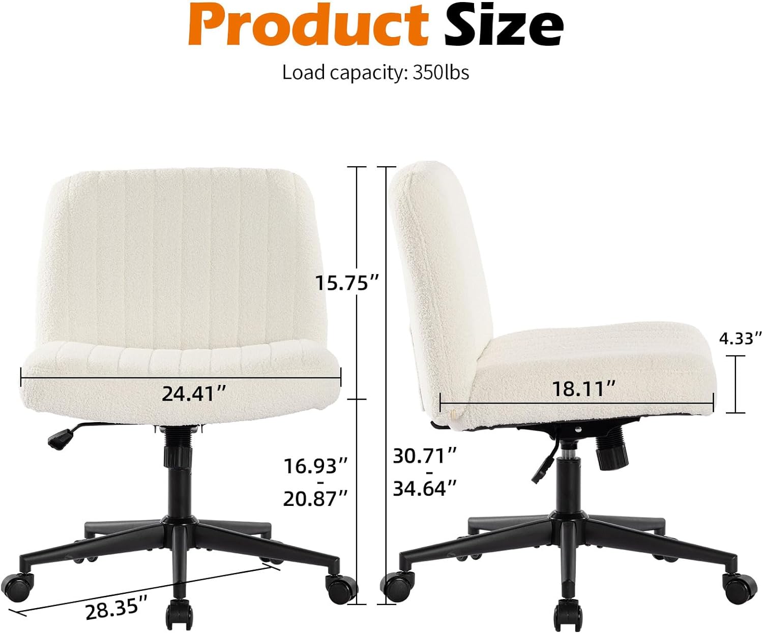 Office Chair With Wheels, Armless Office Chair, Teddy Velvet Wide Seat Home Office Chair, Cute Computer Chair With 15 Swing Backrest, Suitable For Bedrooms And Dressing Tables Wood White Handle