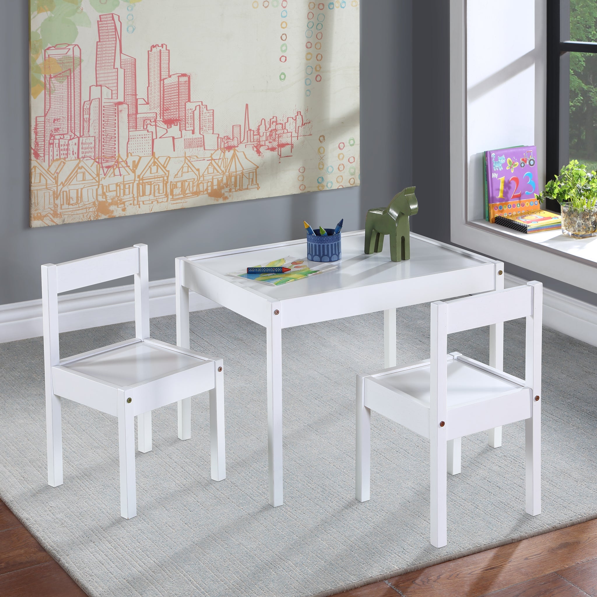 Della 3 Piece Solid Wood Kids Table & Two Chair Set, White White Rubberwood Wood