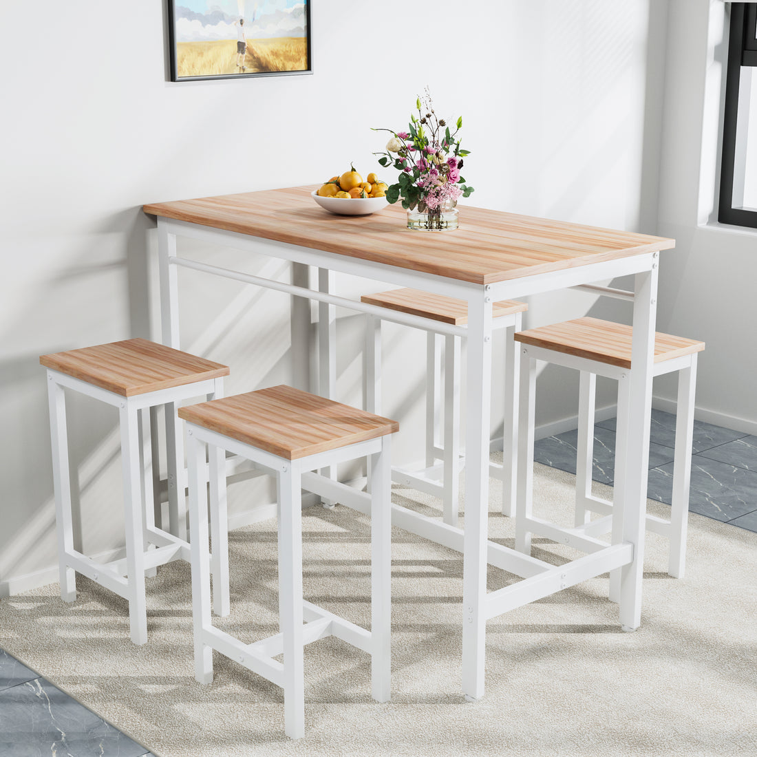 5 Piece Modern Kitchen Table With Four Bar Stools Bar Table Set 5Pc,Metal Frame And Mdf, White Oak,47.5'' L X 23.7'' W X 35.5'' H. White Oak White Seats 4 Dining Room Industrial,Mid Century Modern,Modern,Rustic Mdf