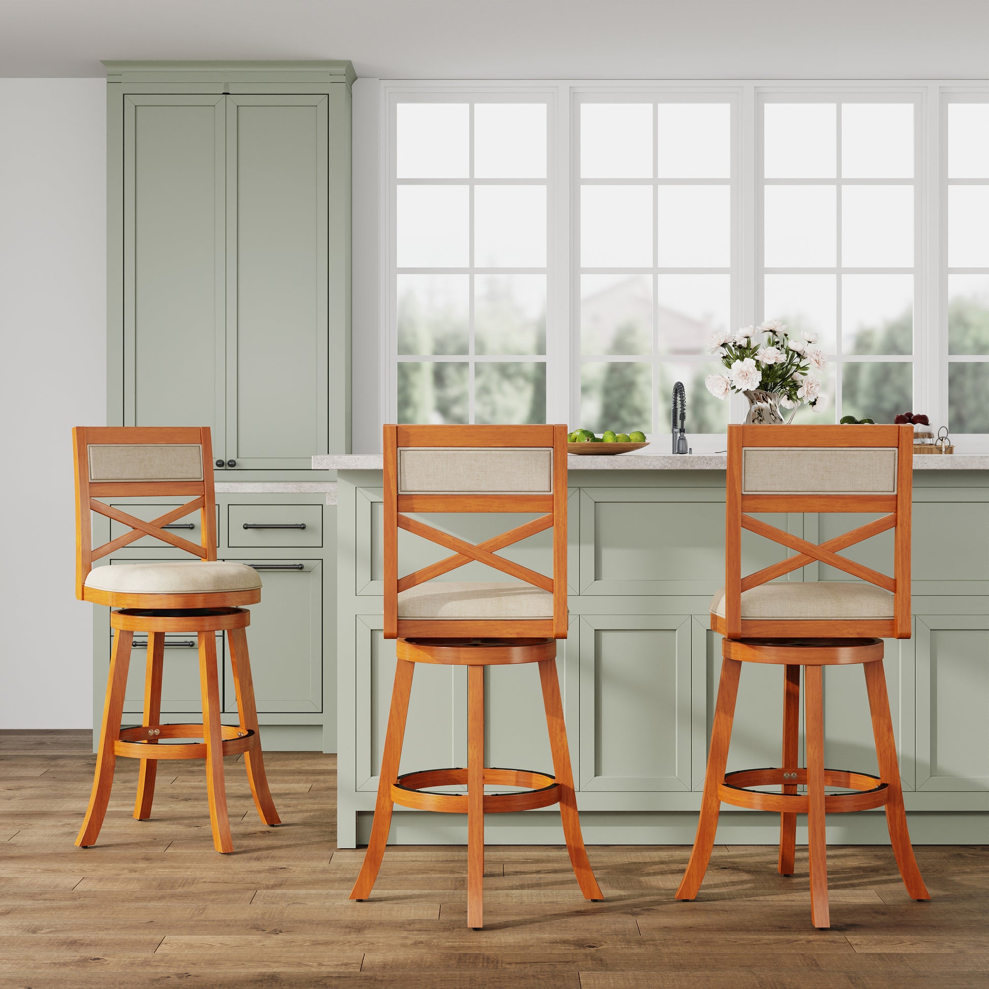 30" Bar Height X Back Swivel Stool, Natural Finish, Beige Fabric Seat Natural Fabric