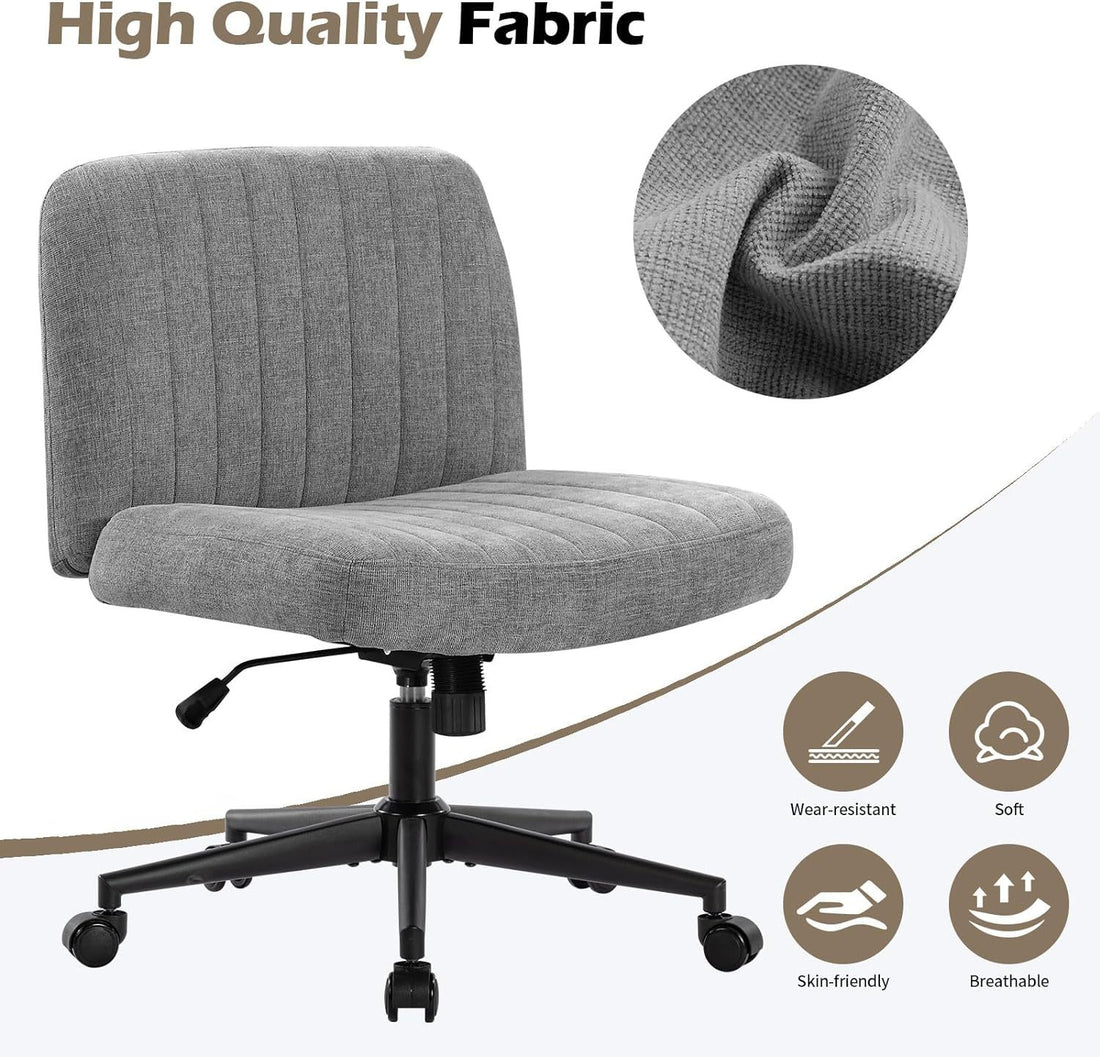 Office Chair With Wheels, Armless Office Chair, Linen Wide Seat Home Office Chair, Cute Computer Chair With 15 Swing Backrest, Suitable For Bedrooms And Dressing Tables Wood Grey Handle Linen