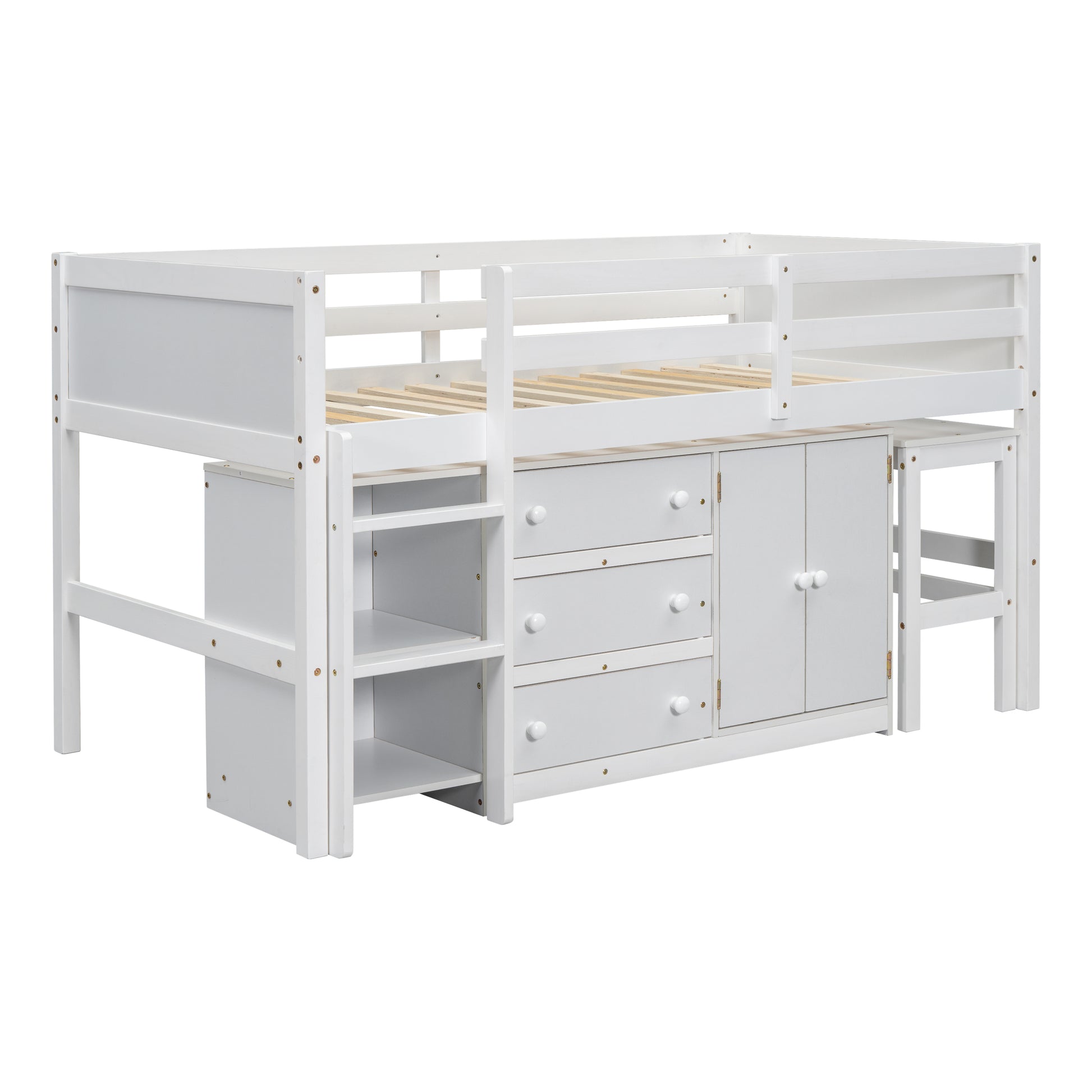 Twin Size Low Loft Bed With Pull Out Desk, Drawers, Cabinet, And Shelves For White Color Box Spring Not Required Twin White Bedroom Pine