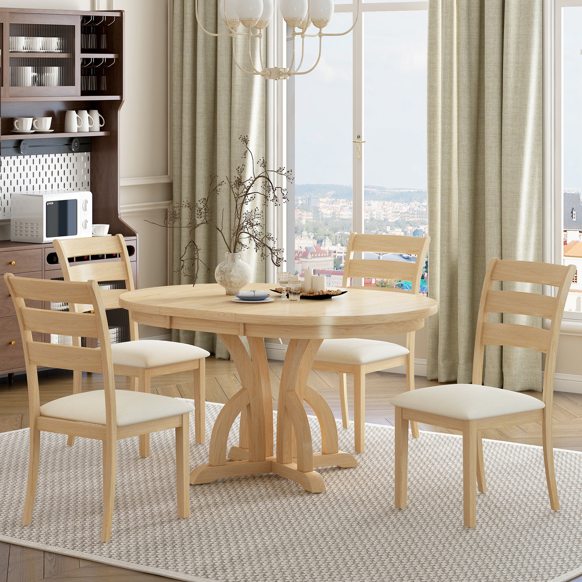 5 Piece Farmhouse Round Pedestal Extending Dining Table Set Extendable Kitchen Table Set With 15.8" Removable Leaf And Ladder Back Dining Chairs For Small Places, Natural Wood Dining Room Extendable Rubberwood Oval Dining Table With Chair Upholstered