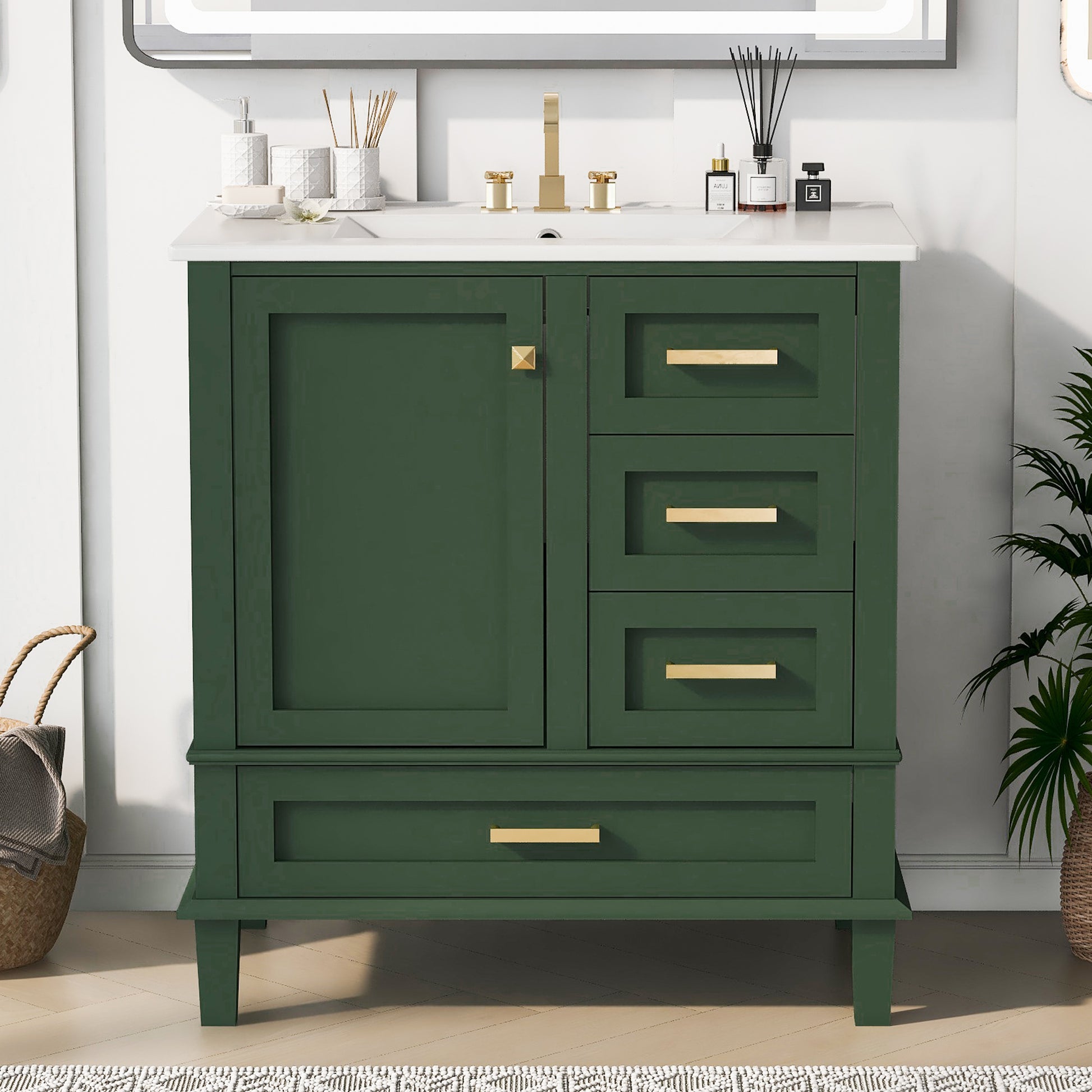 30" Bathroom Vanity In Green, Modern Bathroom Cabinet With Sink Combo Set, Bathroom Storage Cabinet With A Soft Closing Door And 3 Drawers, Solid Wood Frame Green Bathroom Solid Wood Mdf