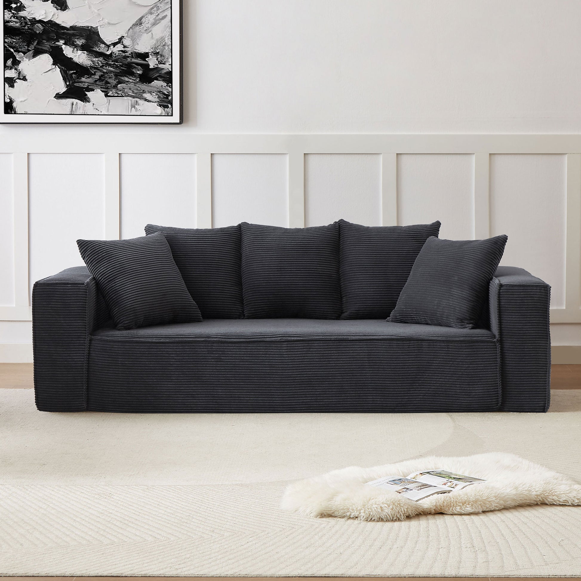 88.97 Inch Soft Corduroy Upholstery Streamlined Design Sofa With 5 Pillows, Large And Cozy 3 Seater Couch For Modern Spaces For Living Room,Office Black Black Corduroy 3 Seat