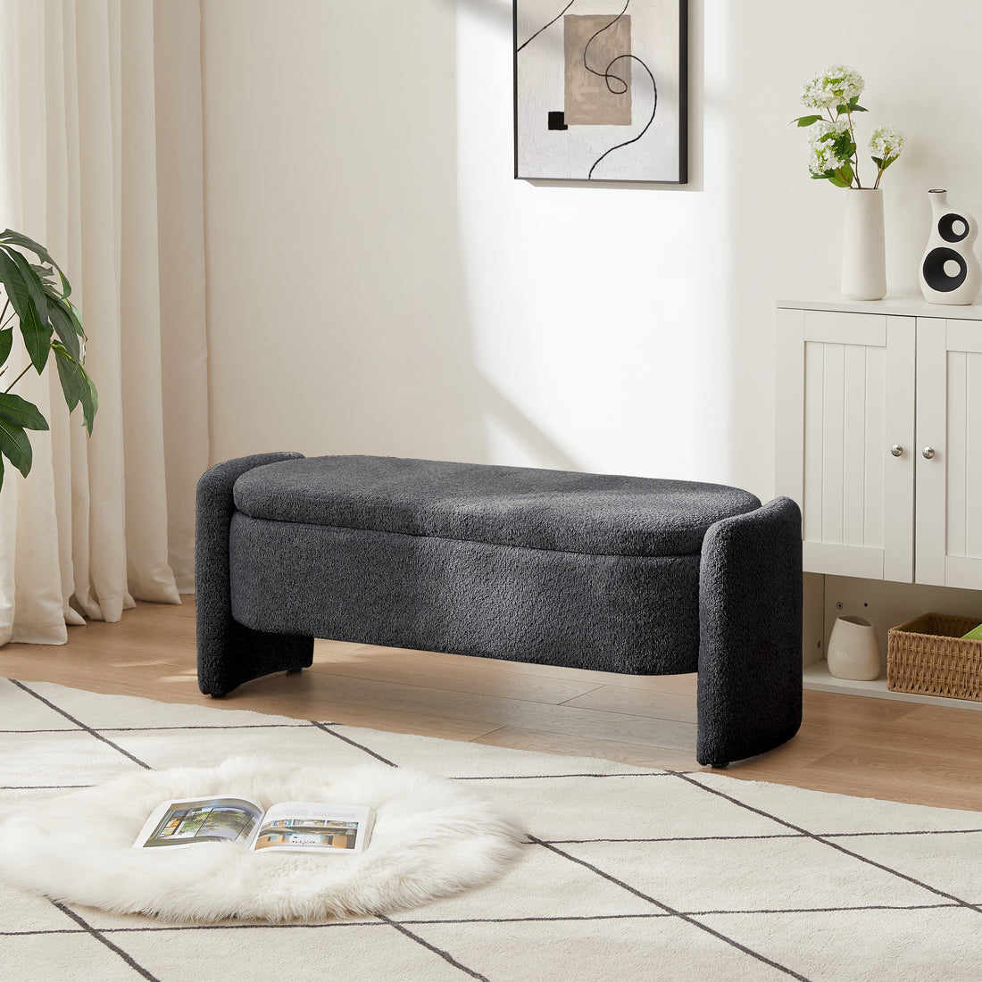 Ottoman Oval Storage Bench 3D Lamb Fleece Fabric Bench With Large Storage Space For The Living Room, Entryway And Bedroom,Dark,Grey Dark Gray Polyester