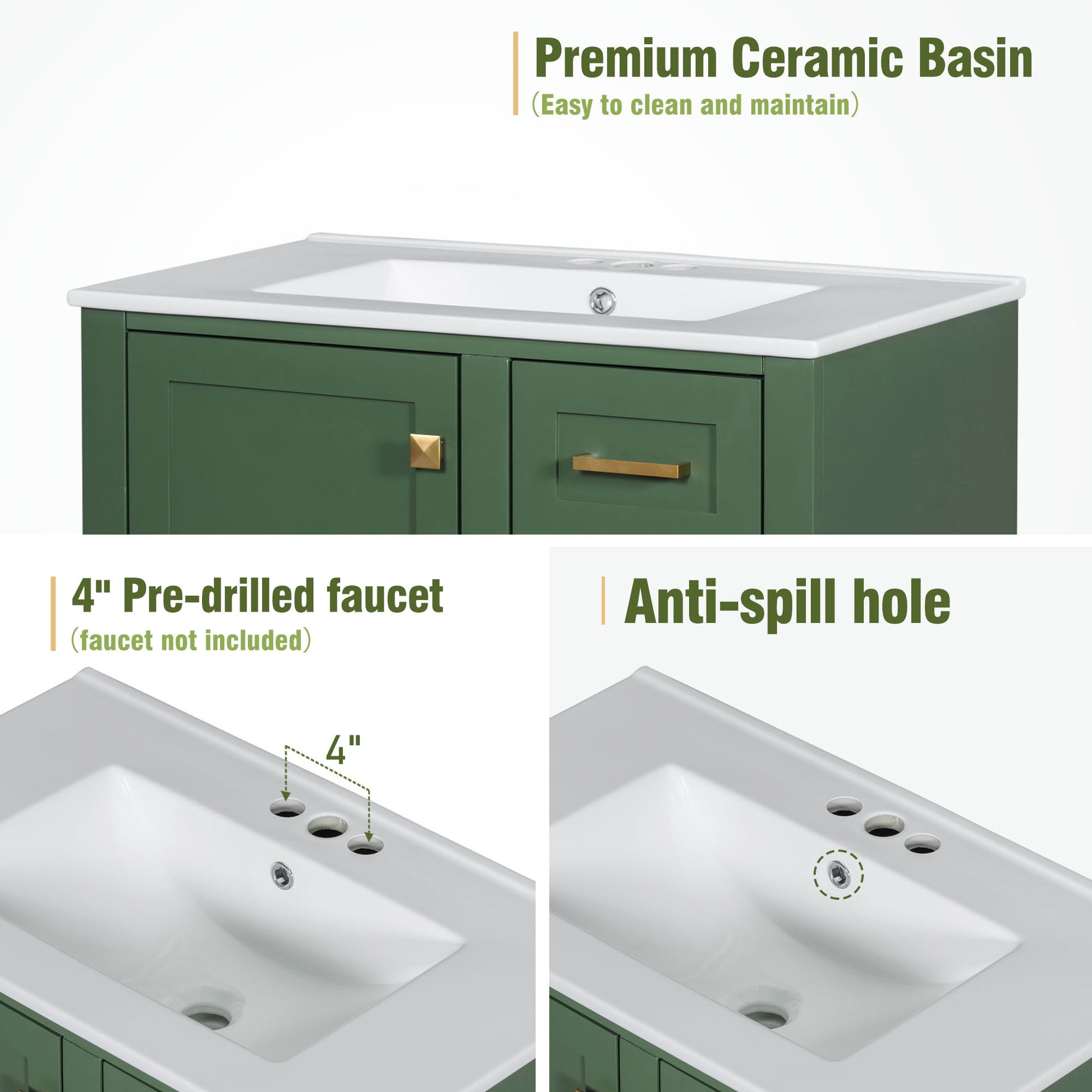 30" Bathroom Vanity In Green, Modern Bathroom Cabinet With Sink Combo Set, Bathroom Storage Cabinet With A Soft Closing Door And 3 Drawers, Solid Wood Frame Green Bathroom Solid Wood Mdf