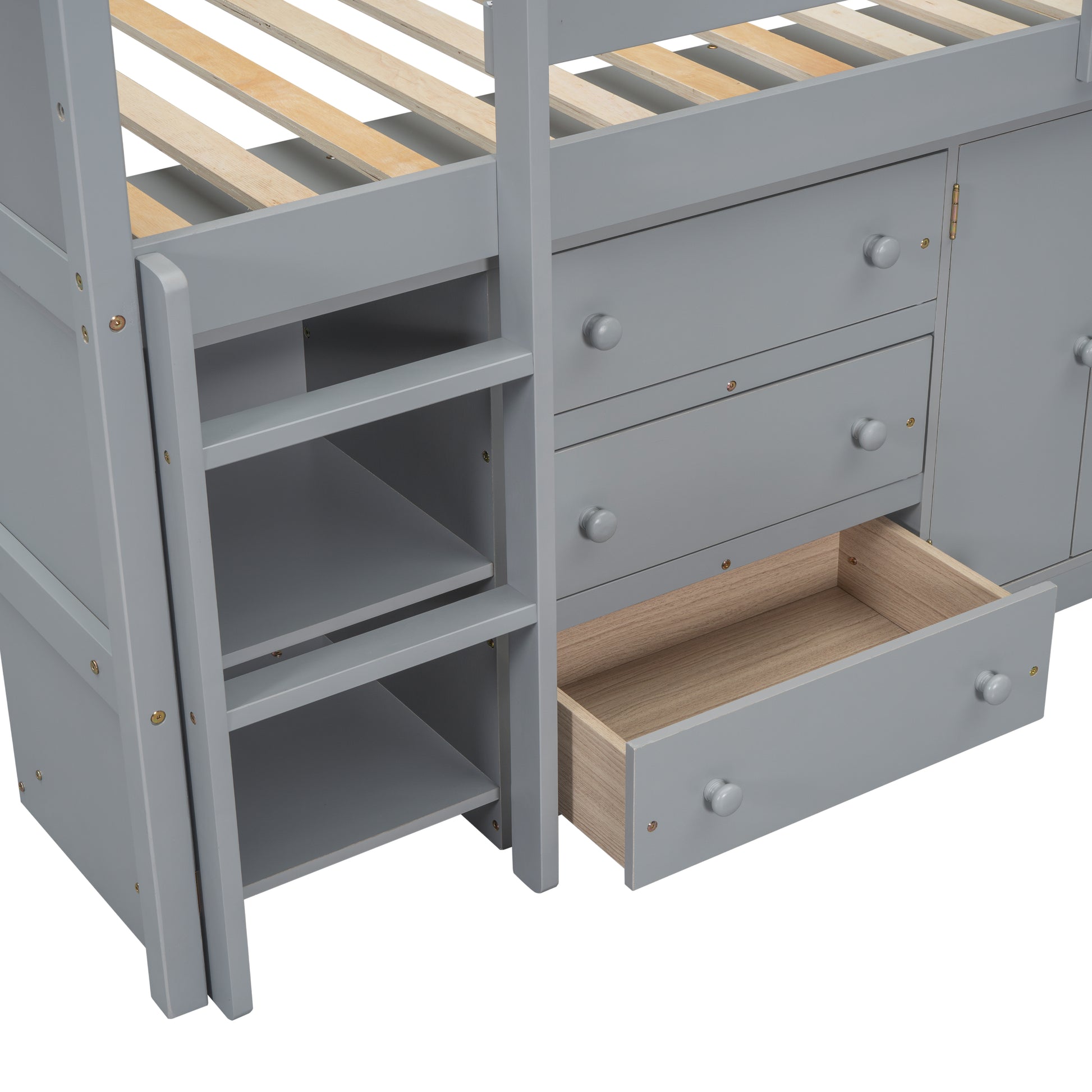 Twin Size Low Loft Bed With Pull Out Desk, Drawers, Cabinet, And Shelves For Grey Color Box Spring Not Required Twin Grey Bedroom Pine