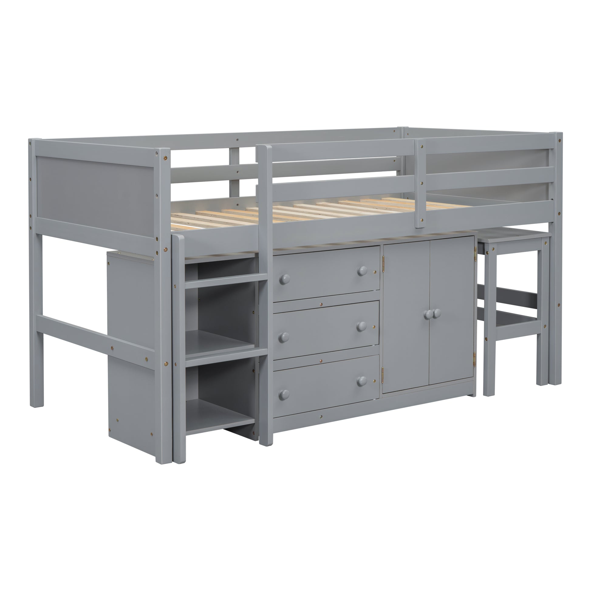 Twin Size Low Loft Bed With Pull Out Desk, Drawers, Cabinet, And Shelves For Grey Color Box Spring Not Required Twin Grey Bedroom Pine