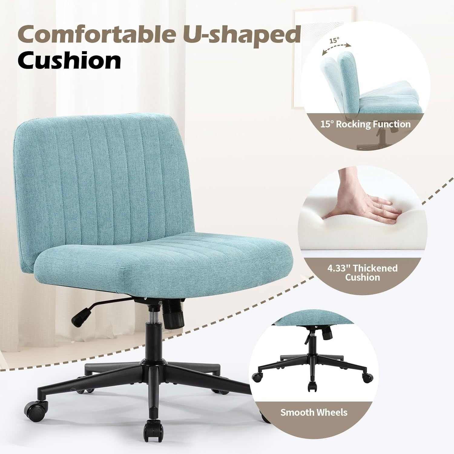 Office Chair With Wheels, Armless Office Chair, Linen Wide Seat Home Office Chair, Cute Computer Chair With 15 Swing Backrest, Suitable For Bedrooms And Dressing Tables Wood Blue Green Handle Linen
