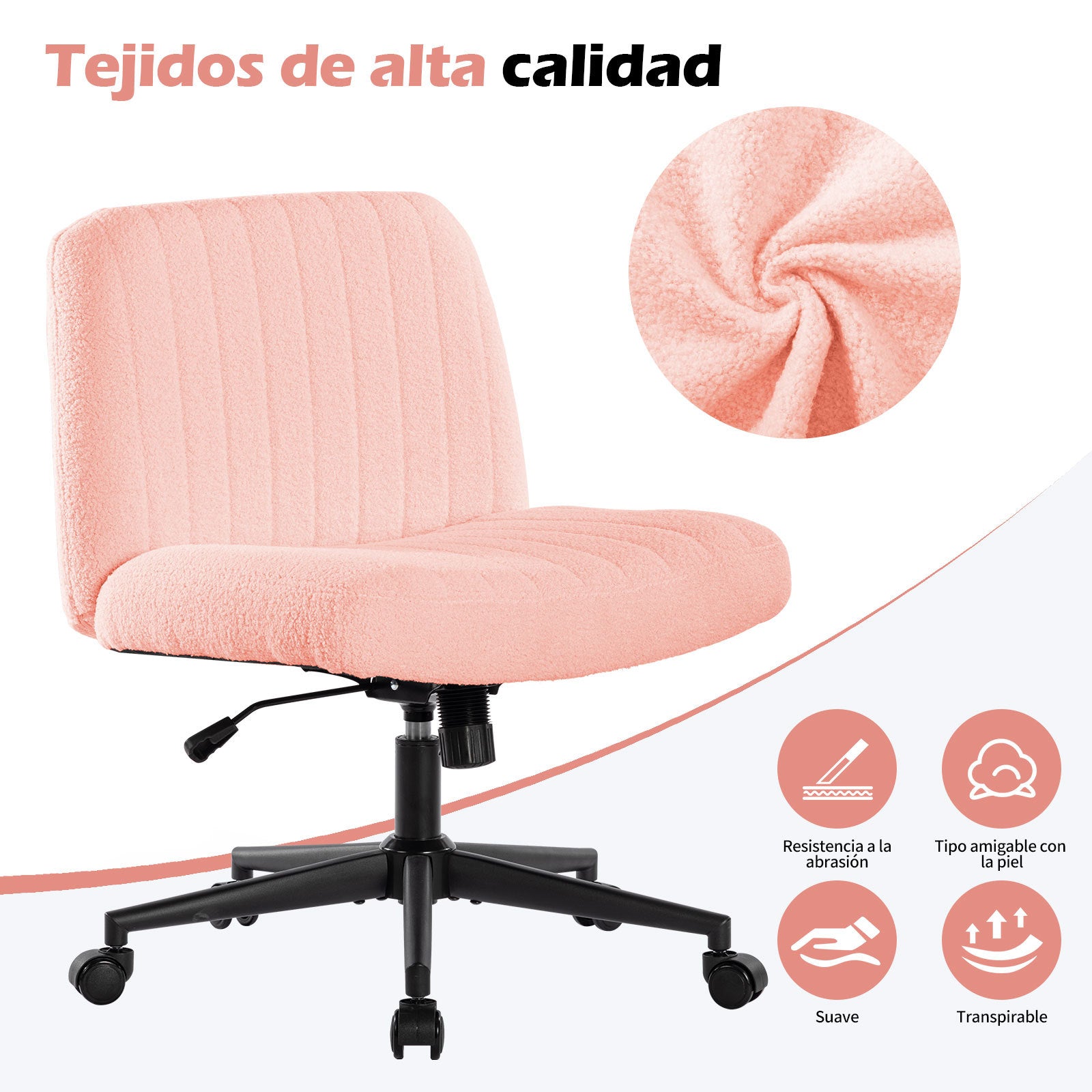 Office Chair With Wheels, Armless Office Chair, Teddy Velvet Wide Seat Home Office Chair, Cute Computer Chair With 15 Swing Backrest, Suitable For Bedrooms And Dressing Tables Wood Pink Teddy Handle Teddy