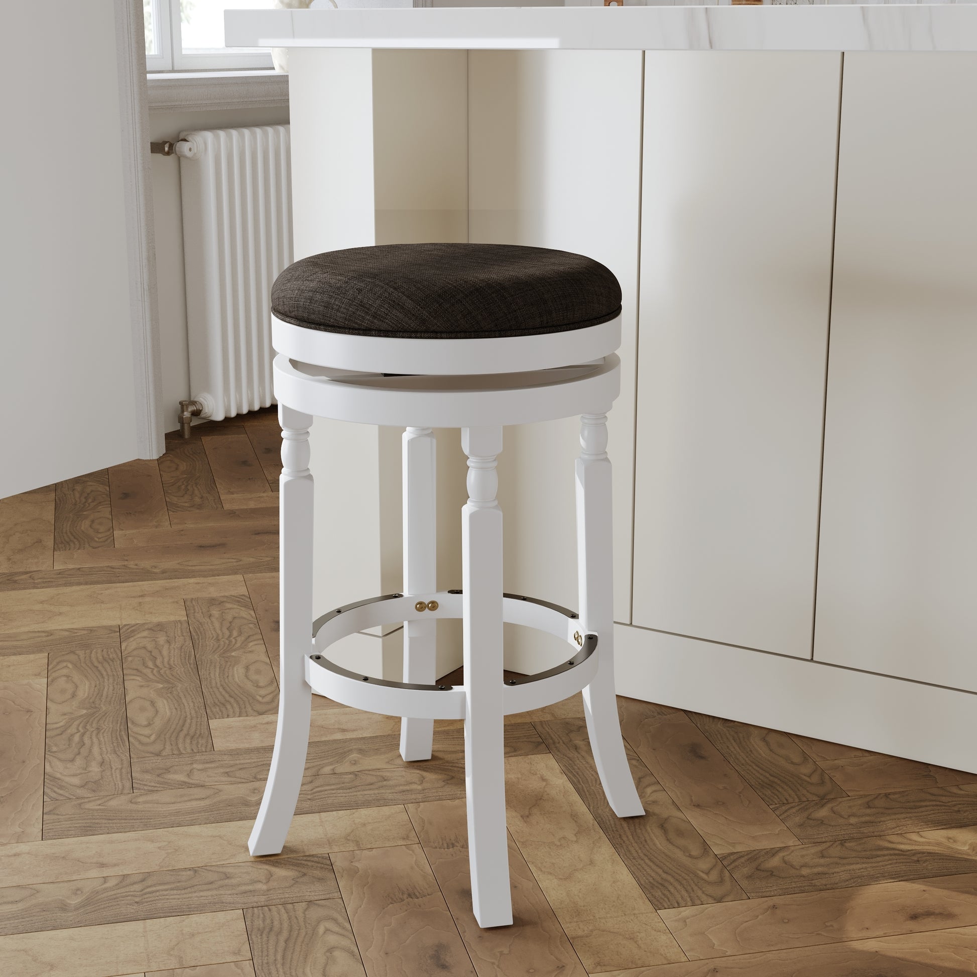 30" Bar Stool, White Finish, Charcoal Fabric Seat White Fabric