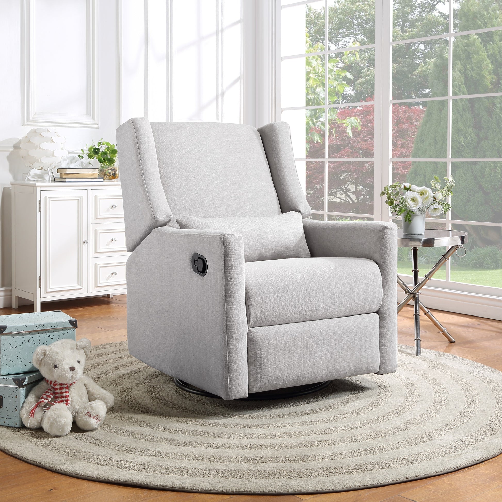 Pronto Swivel Glider Recliner With Pillow Blanco Fabric White Polyester Wood Fabric