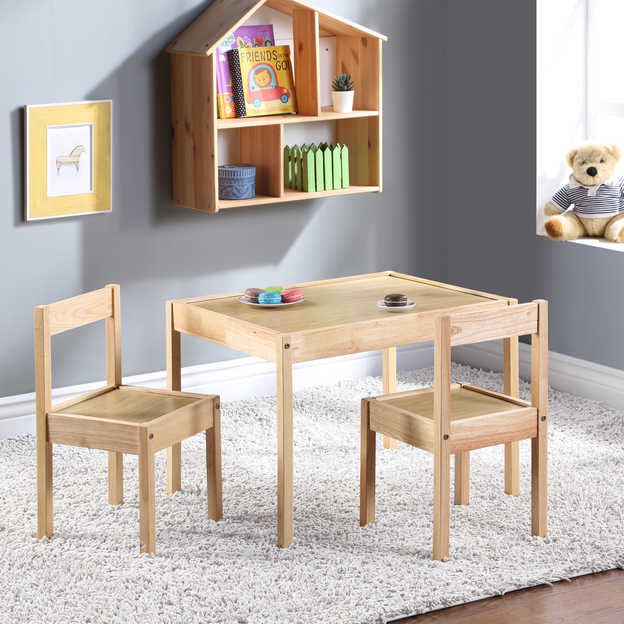 Della 3 Piece Solid Wood Kids Table & Two Chair Set, Natural Natural Rubberwood Wood