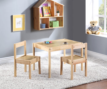 Della 3 Piece Solid Wood Kids Table & Two Chair Set, Natural Natural Rubberwood Wood