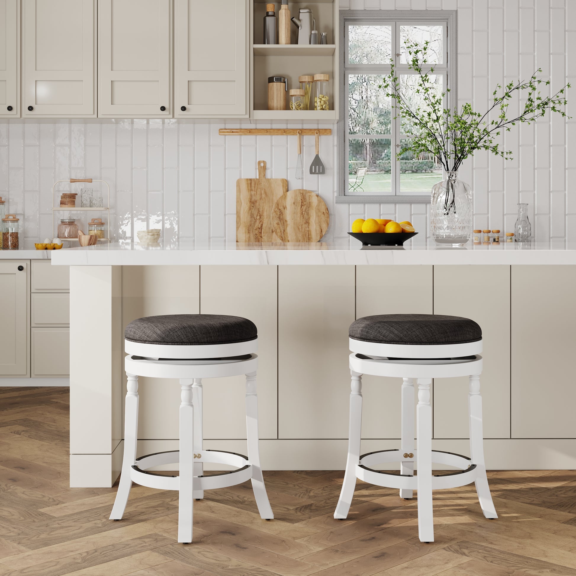 24" Counter Stool, White Finish, Charcoal Fabric Seat White Fabric